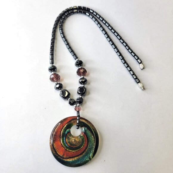 Hematite Necklace Murano Glass Rainbow Twirl Pendant - Picture 7 of 11